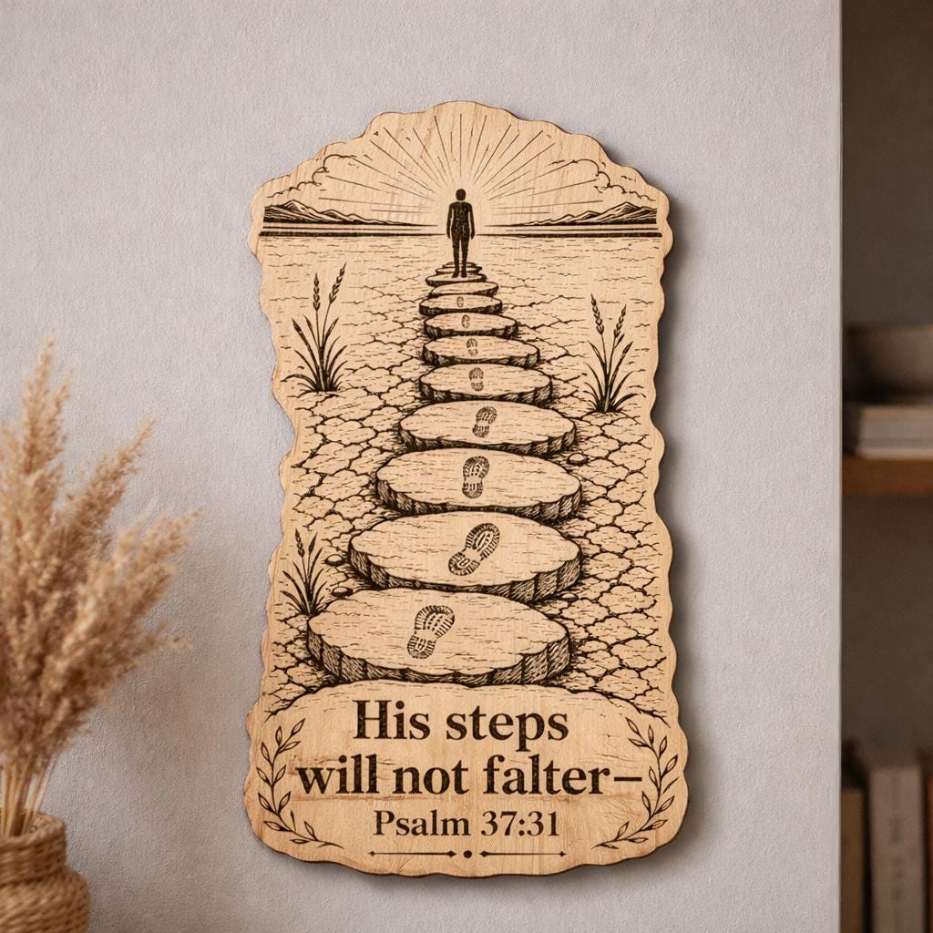 Psalm 37:31 Wood Scripture Plaque, His Steps Will Not Falter Sign, Birch Wall Decor, shown in the main close-up listing view with its overall design visible.