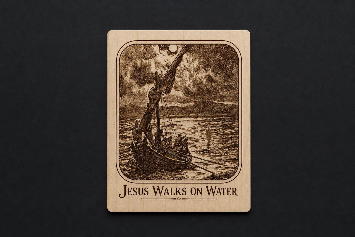 Photo-Drama of Creation Slide – Jesus Walks on Water – Birch Plaque, shown in the main close-up listing view with its overall design visible.