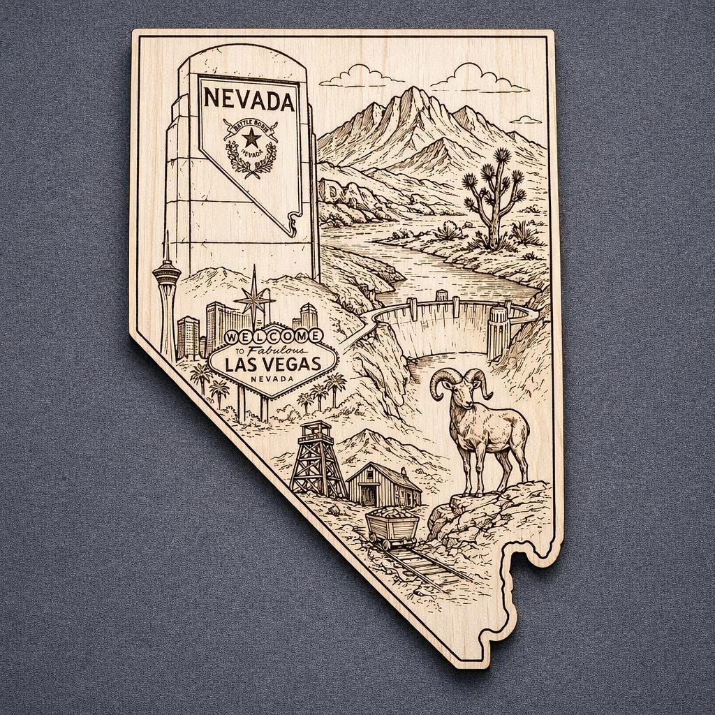 Front close-up of Nevada Wood Wall Art State Welcome Sign Birch Wall Decor, showing dark engraving on natural birch wood.