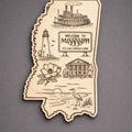 Front close-up of Mississippi Wood Wall Art State Welcome Sign Birch Decor, showing dark engraving on natural birch wood.