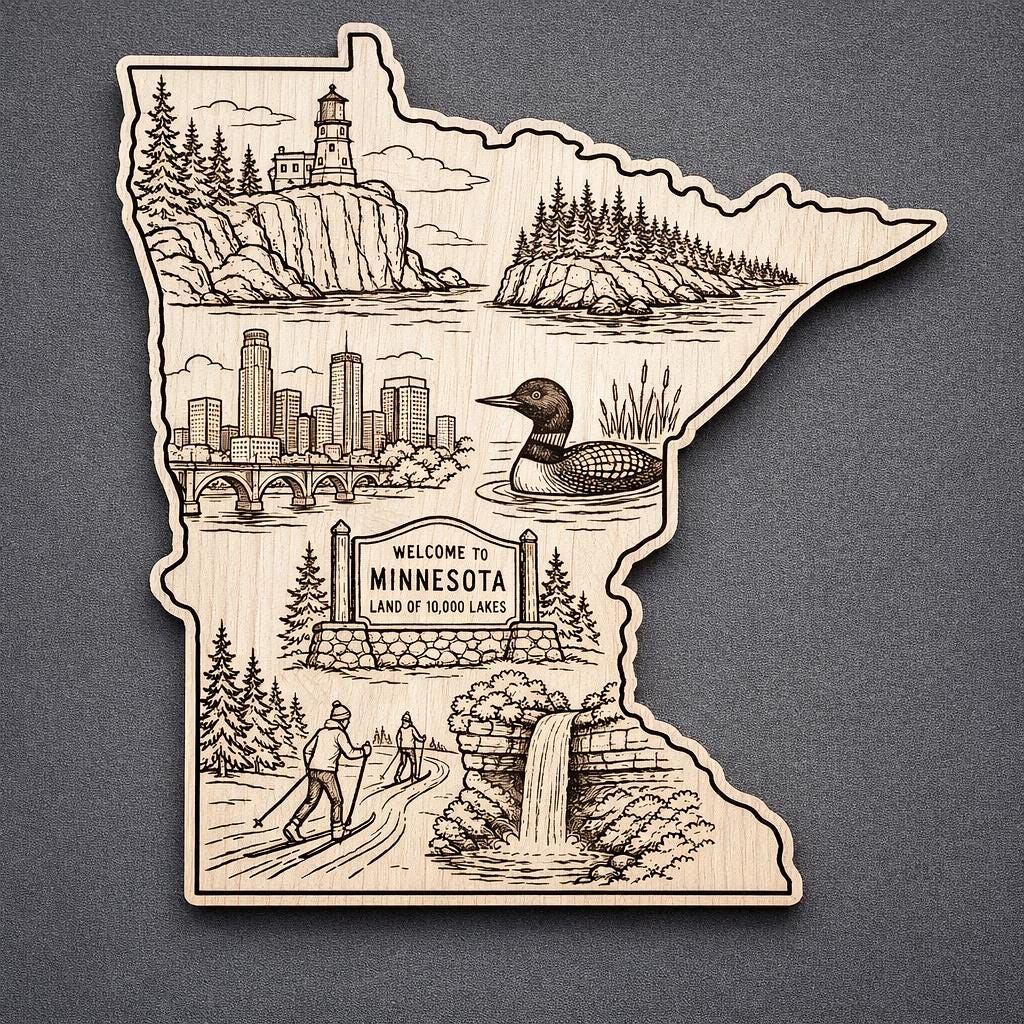 Front close-up of Minnesota Wood Wall Art State Welcome Sign Birch Wall Decor, showing dark engraving on natural birch wood.
