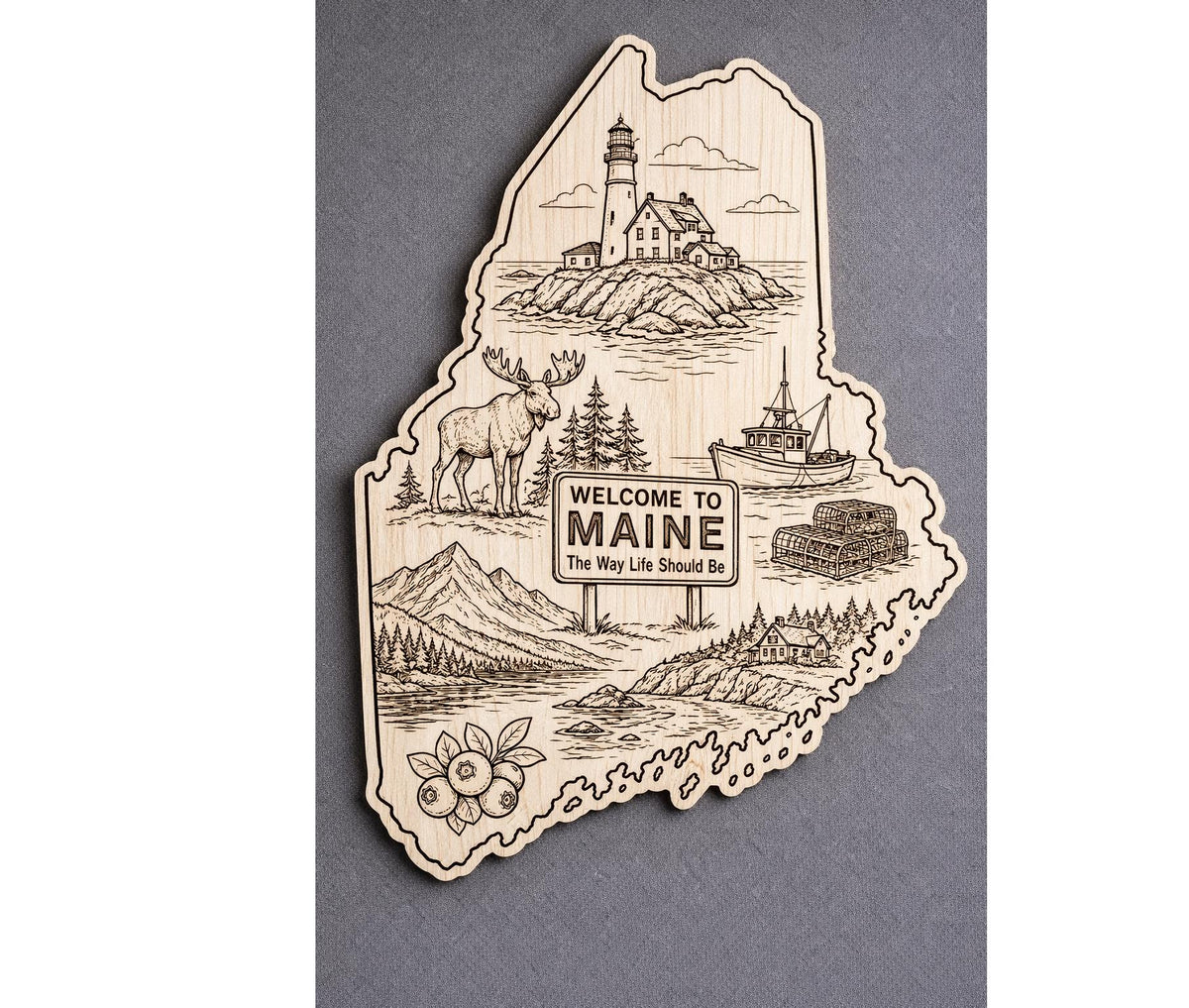 Front close-up of Maine Wood Wall Art State Welcome Sign Birch Wall Decor, showing dark engraving on natural birch wood.