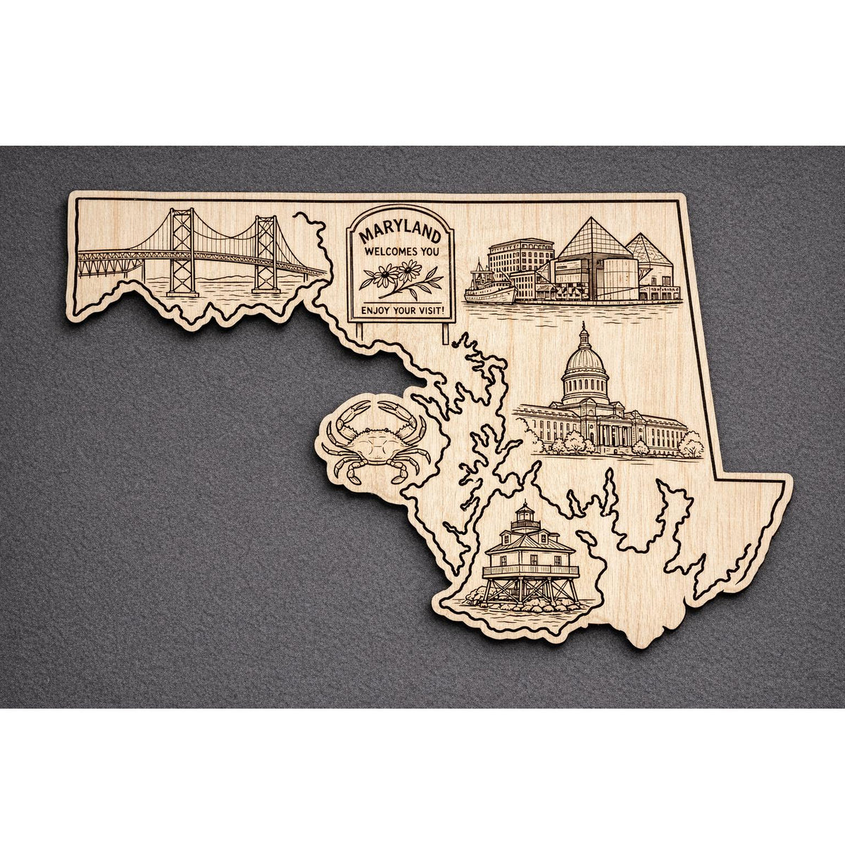 Front close-up of Maryland Wood Wall Art State Welcome Sign Birch Decor, showing dark engraving on natural birch wood.
