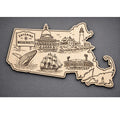 Front close-up of Massachusetts Wood Wall Art State Welcome Sign Birch Decor, showing dark engraving on natural birch wood.