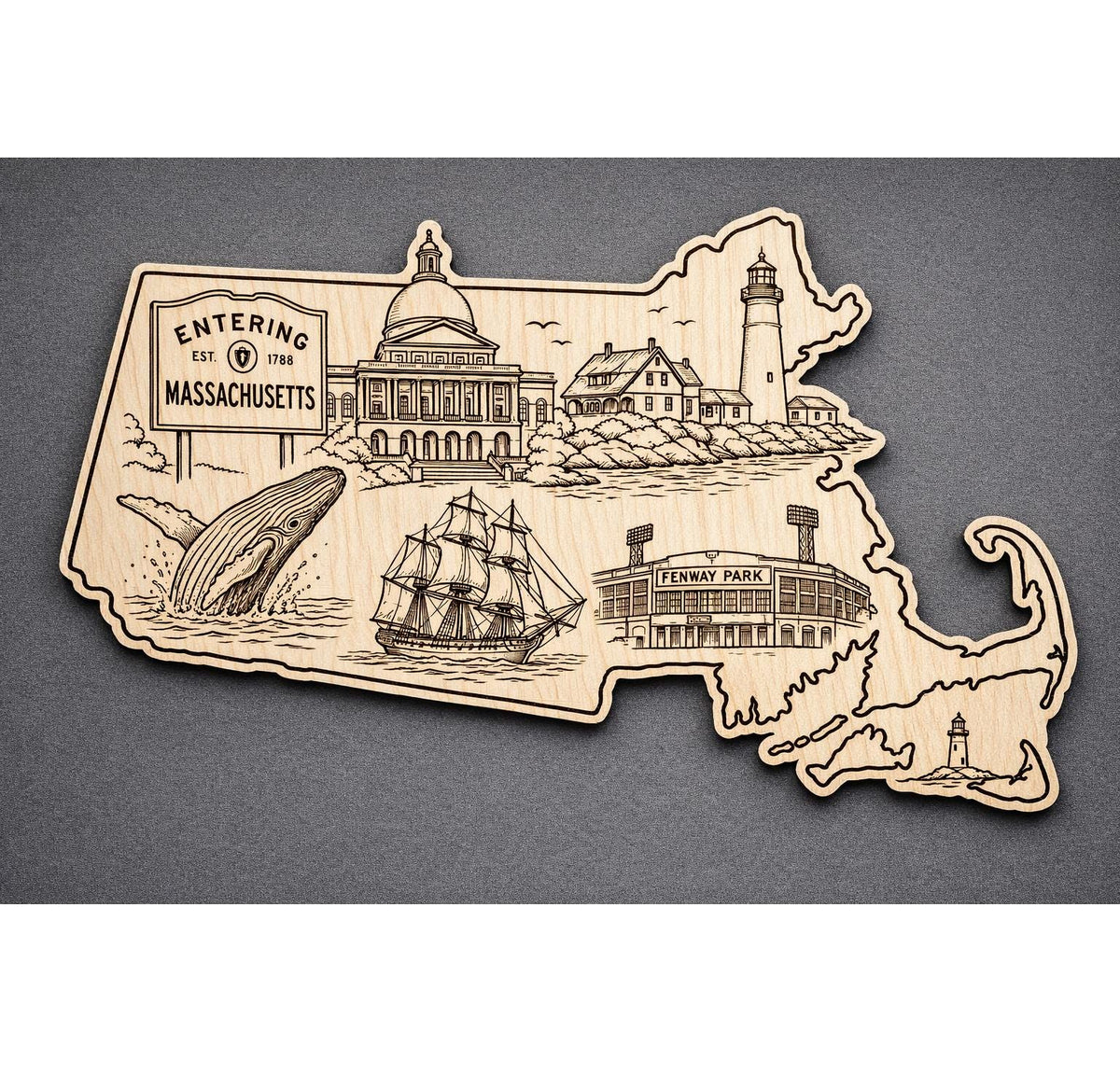 Front close-up of Massachusetts Wood Wall Art State Welcome Sign Birch Decor, showing dark engraving on natural birch wood.