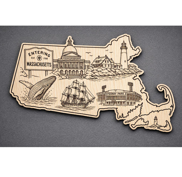 Front close-up of Massachusetts Wood Wall Art State Welcome Sign Birch Decor, showing dark engraving on natural birch wood.