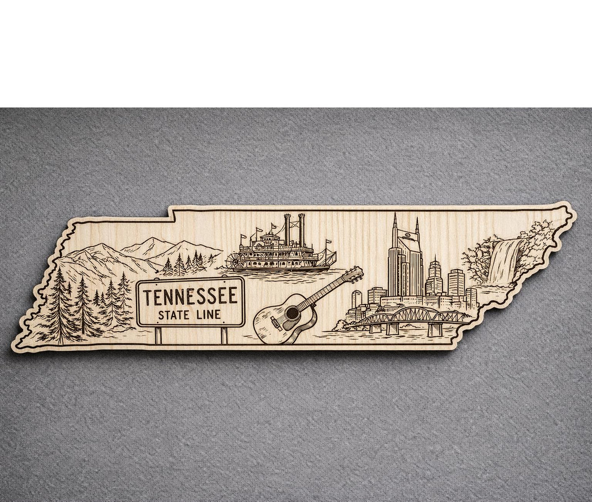 Front close-up of Tennessee Wood Wall Art State Welcome Sign Birch Decor, showing dark engraving on natural birch wood.