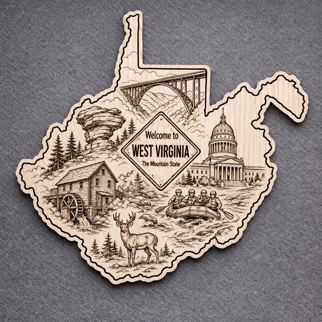Front close-up of West Virginia Wood Wall Art State Welcome Sign Birch Decor, showing dark engraving on natural birch wood.