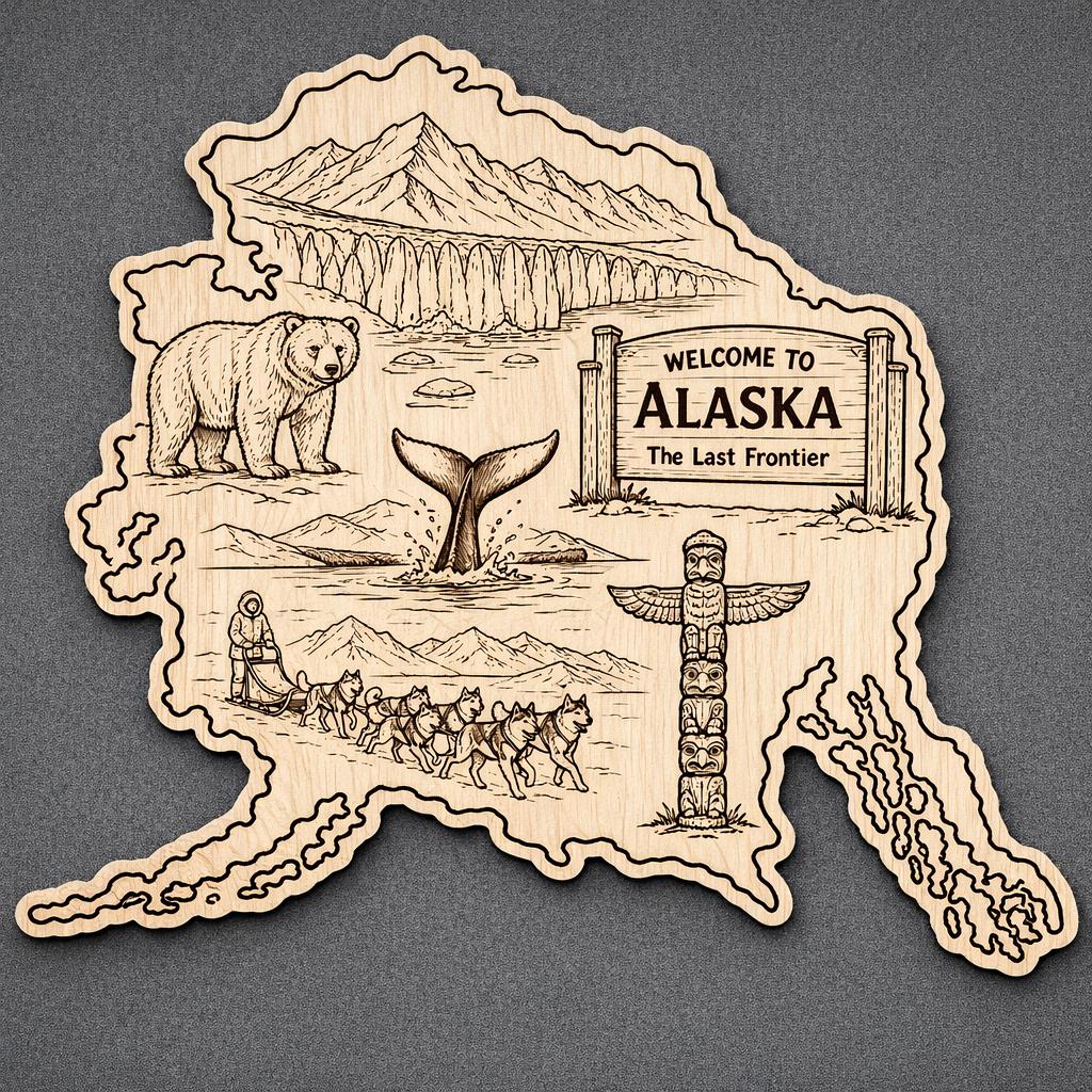 Front close-up of Alaska Wood Wall Art State Welcome Sign Birch Decor, showing dark engraving on natural birch wood.