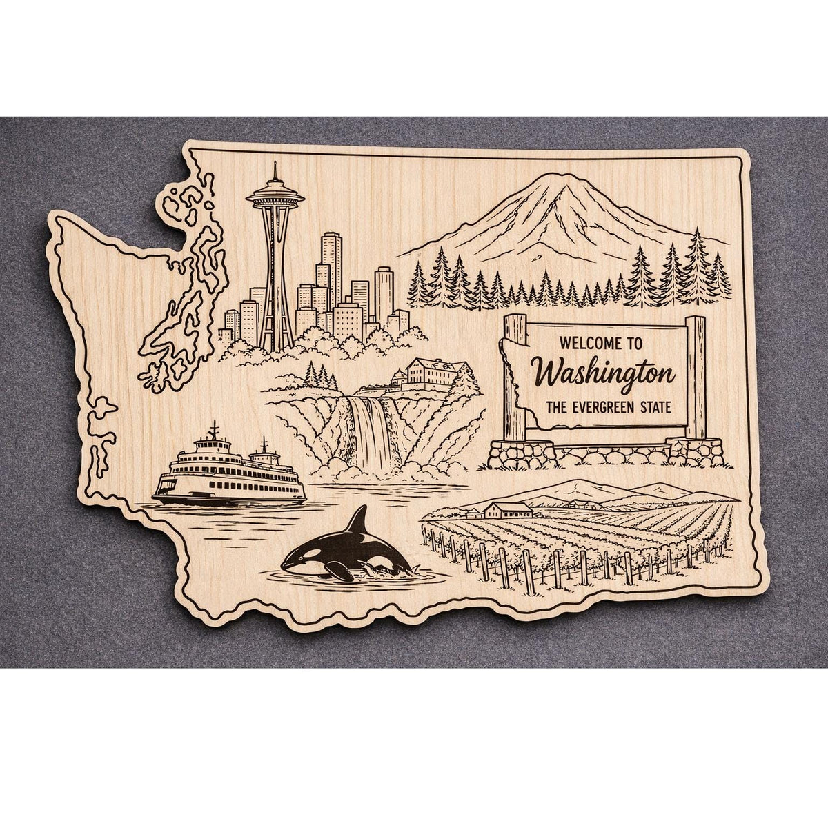 Front close-up of Washington Wood Wall Art State Welcome Sign Birch Decor, showing dark engraving on natural birch wood.