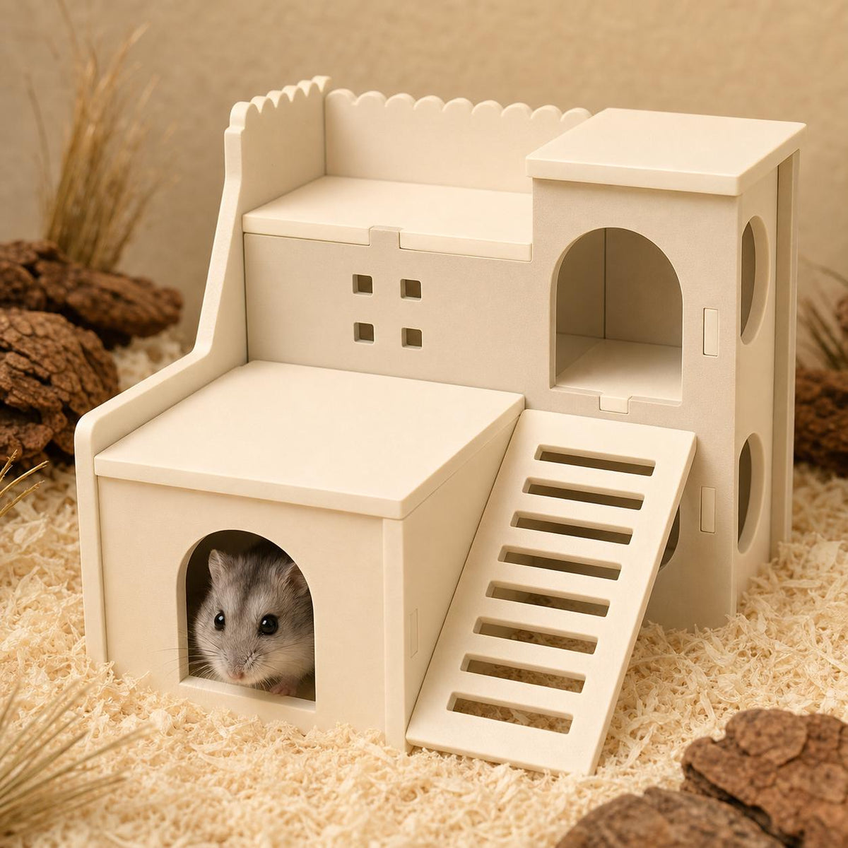 Hamster mansion in Cream inside a natural small-pet habitat