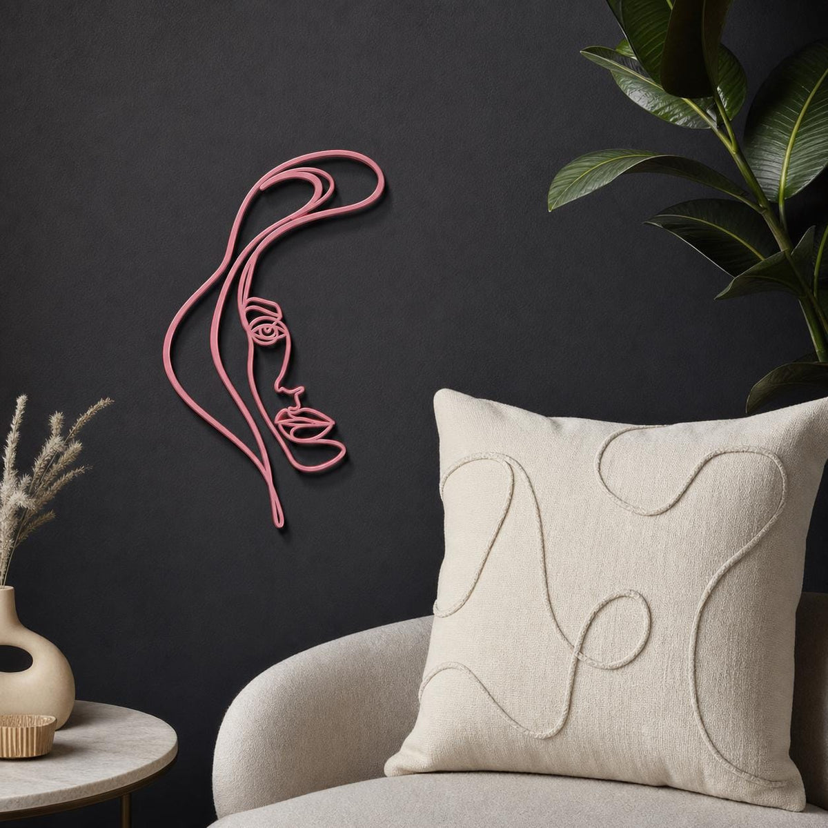Elegant Woman Profile wall art in Pink in a contrasting showcase room