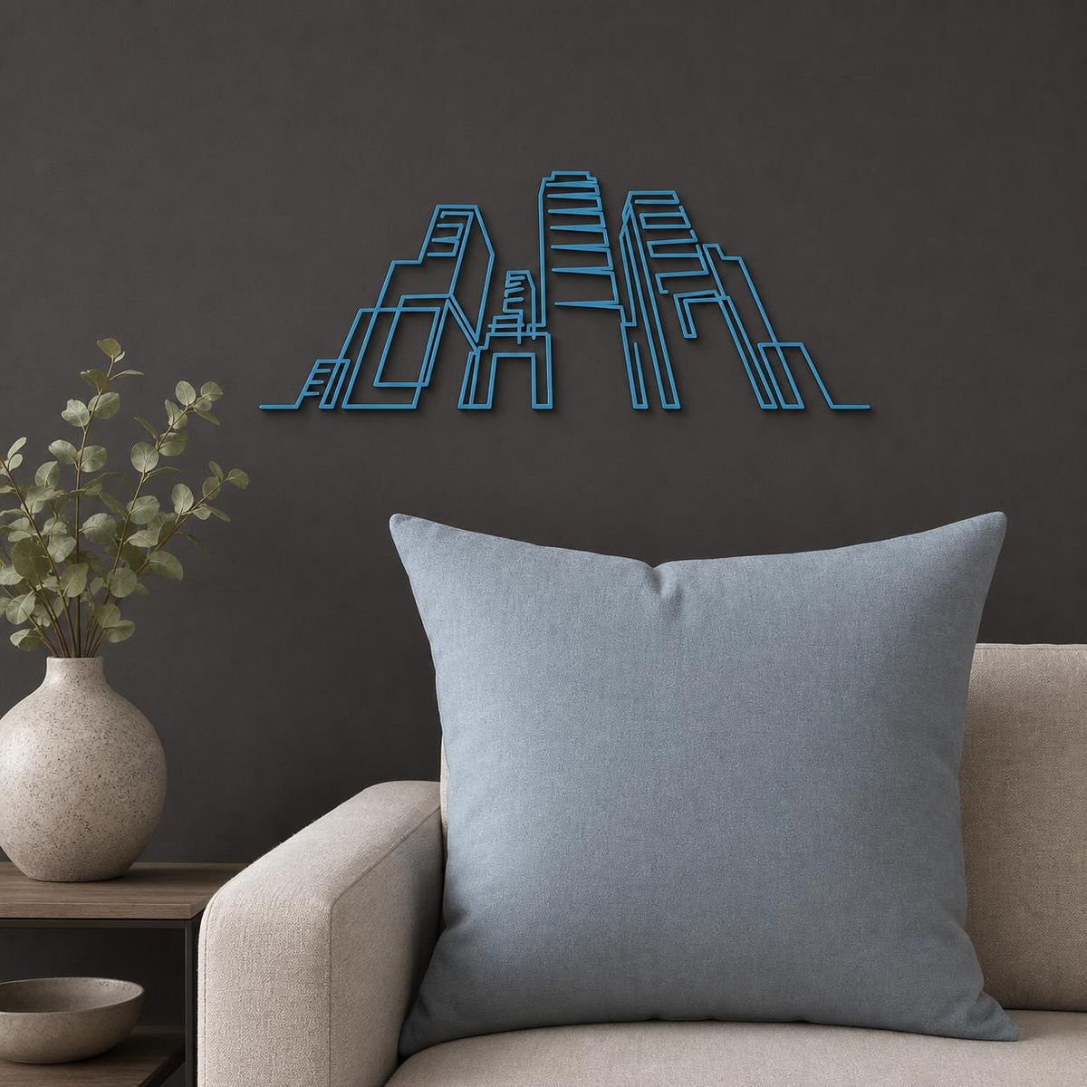 Modern City Skyline wall art in Lake Blue in a contrasting showcase room