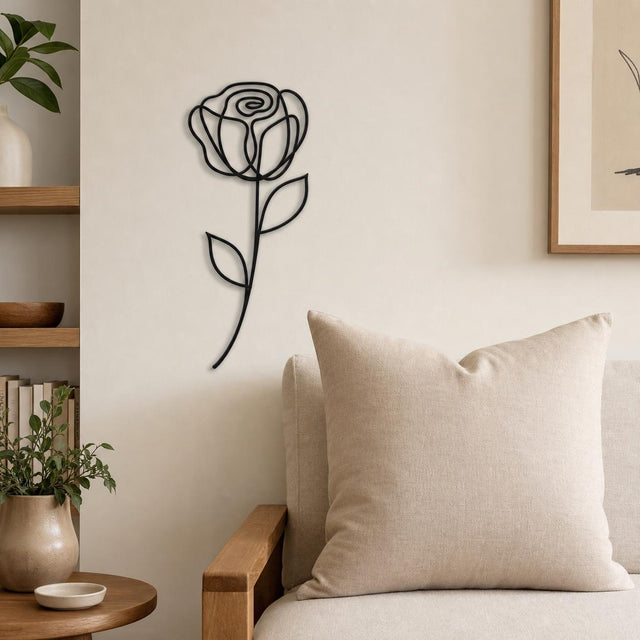 Single Rose wall art in black, shown at 12-inch scale in a modern living room
