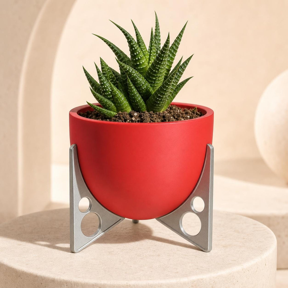 Four-inch retro tripod planter with a Red pot and metallic Silver supports