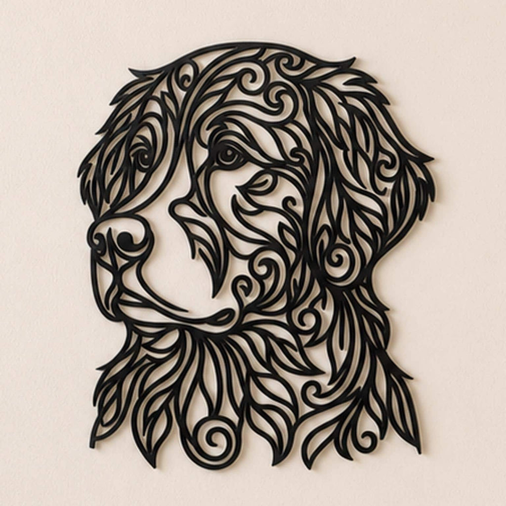 Close-up of Bernese Mountain Dog filigree wall art in black at accurate 12-inch scale