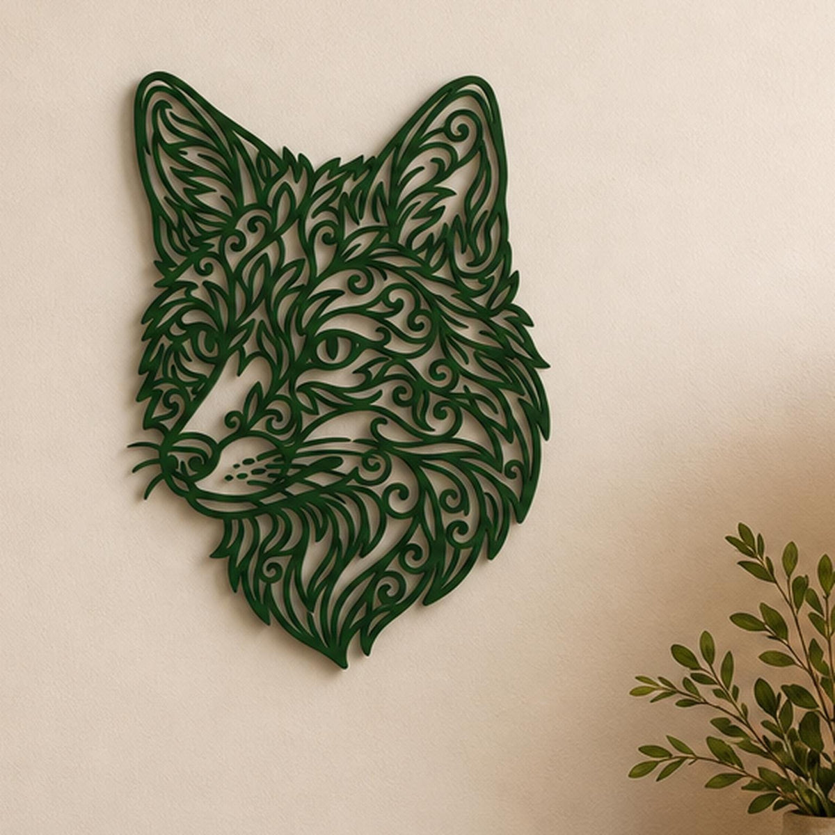 Close-up of Fox Head filigree wall art in Orange in a contrasting room