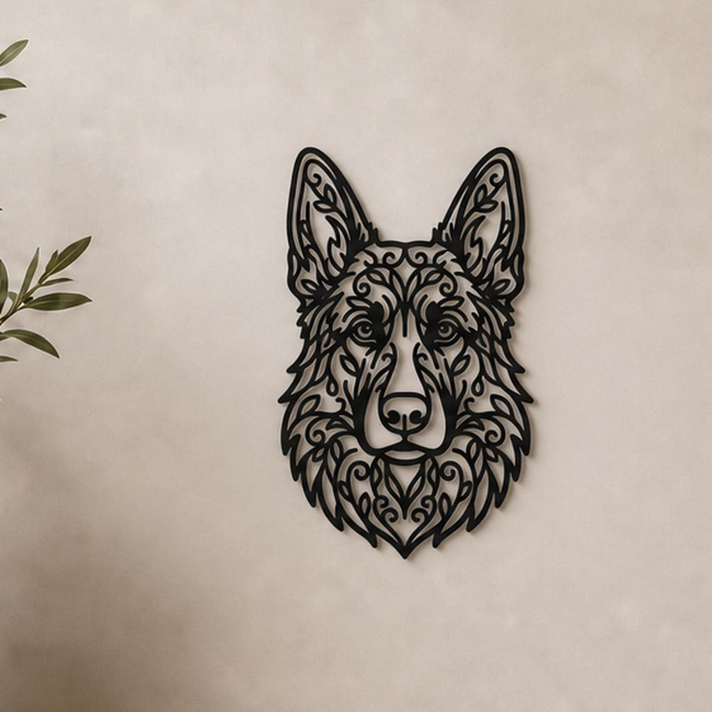 Close-up of German Shepherd filigree wall art in black at accurate 12-inch scale