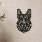 Close-up of German Shepherd filigree wall art in black at accurate 12-inch scale