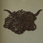 Close-up of Highland Cow Profile filigree wall art in Mistletoe Green in a contrasting room