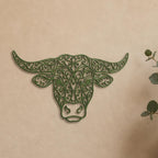 Close-up of Cow Portrait filigree wall art in Green in a contrasting room
