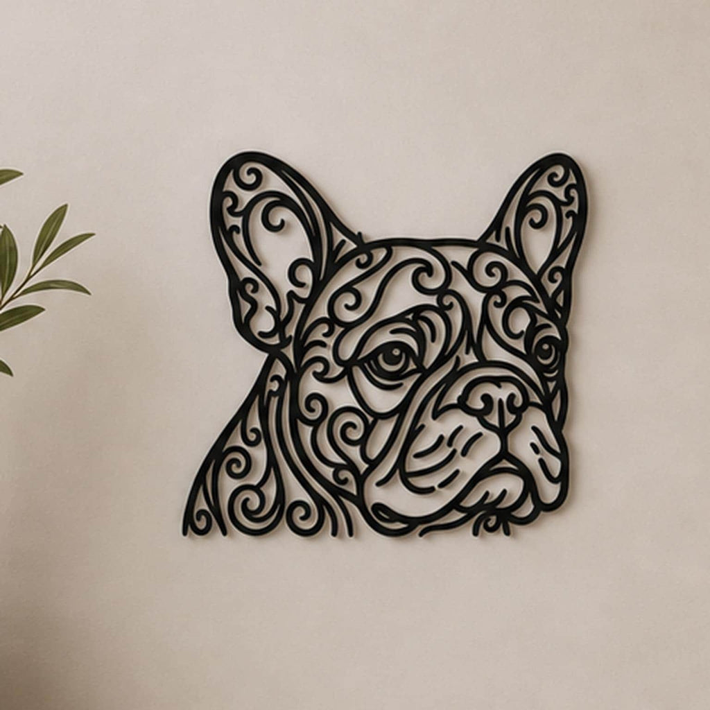 Close-up of Bulldog filigree wall art in black at accurate 12-inch scale
