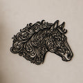 Close-up of Ornate Horse filigree wall art in black at accurate 12-inch scale