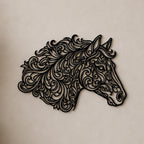 Close-up of Ornate Horse filigree wall art in black at accurate 12-inch scale