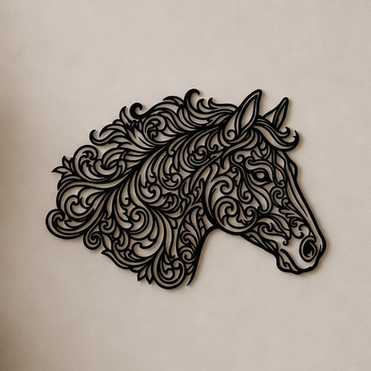 Close-up of Ornate Horse filigree wall art in black at accurate 12-inch scale