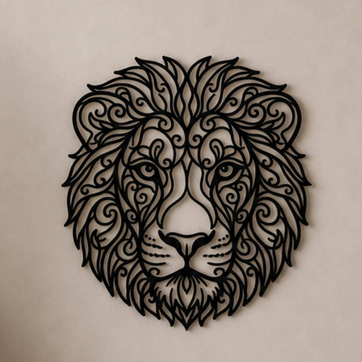 Close-up of Lion Head filigree wall art in black at accurate 12-inch scale