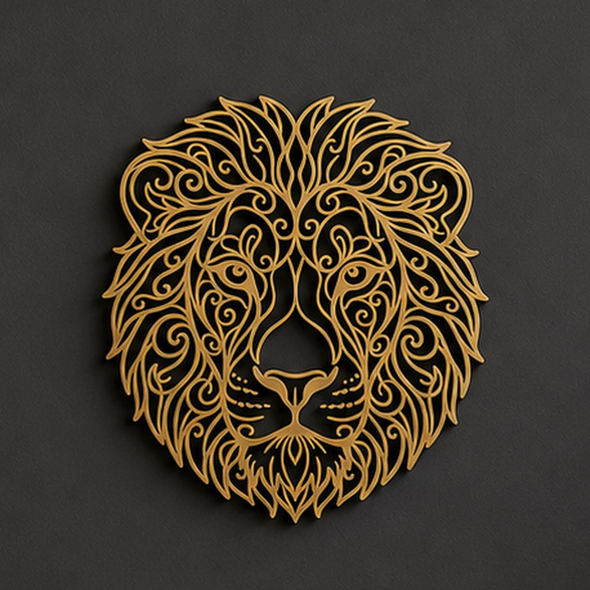 Close-up of Lion Head filigree wall art in Gold in a contrasting room