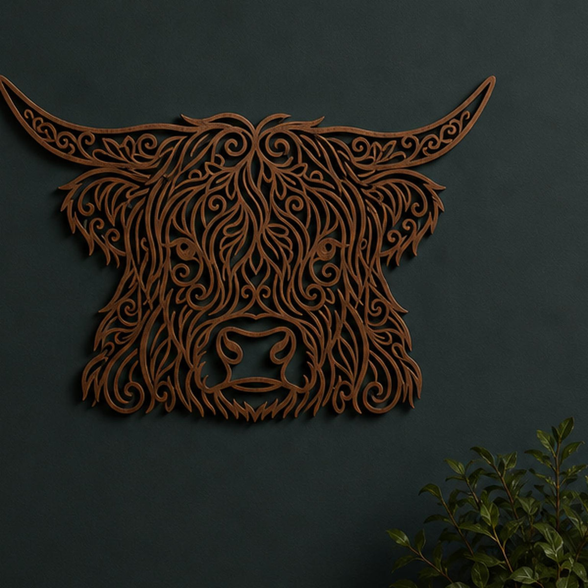 Close-up of Ornate Highland Cow filigree wall art in Cocoa Brown in a contrasting room