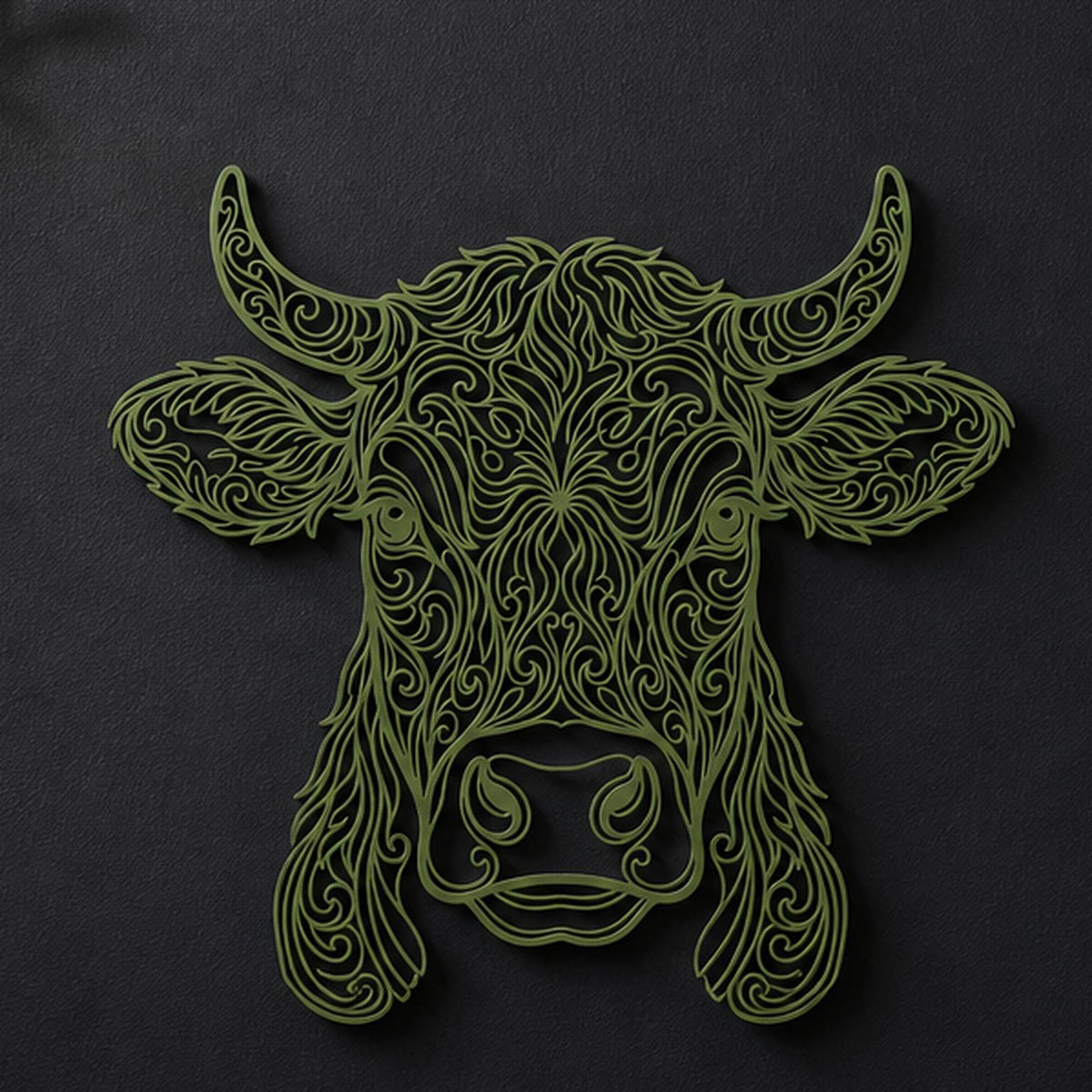 Close-up of Ornate Cow filigree wall art in Mistletoe Green in a contrasting room
