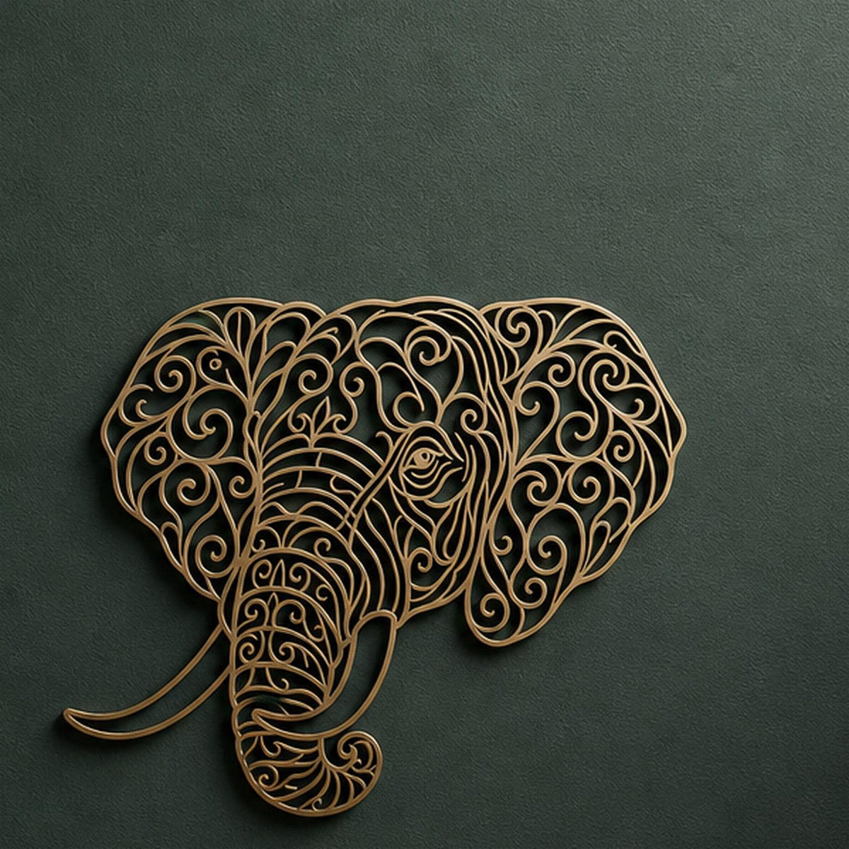 Close-up of Elephant Head filigree wall art in Bronze in a contrasting room