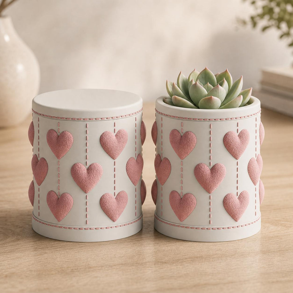 Close-up of the Heartloom Container and Planter styles in the Sakura Whisper colorway