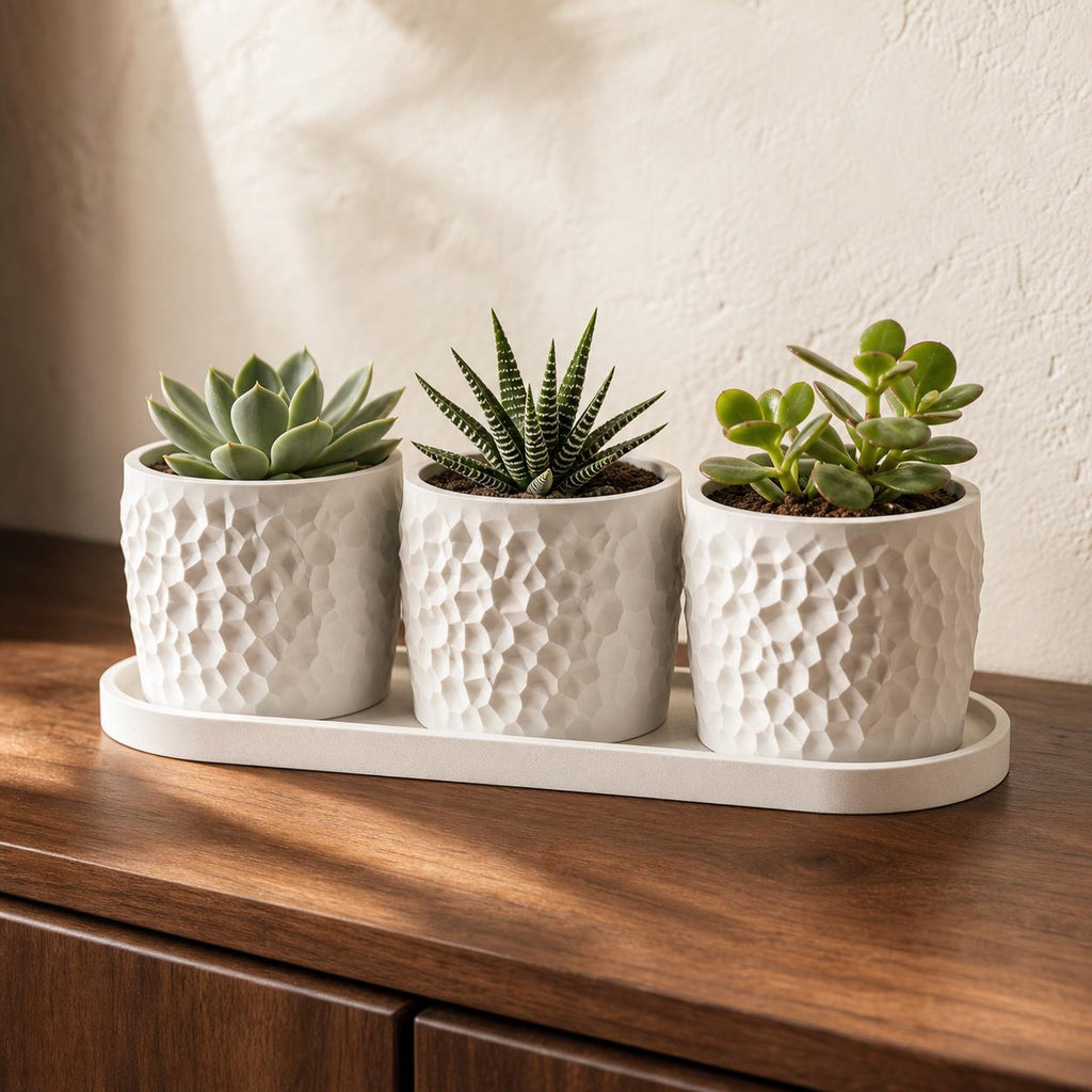 Close-up of a Bone White Tessellune three-planter set with shared tray