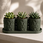 Close-up Dark Green Tessellune planter trio showing the faceted texture