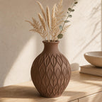Close-up of the Cocoa Brown CanopyMuse botanical vase with wheat and dried fern stems