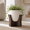 Close-up of the complete Hearthgrain smooth Bone White planter in its Dark Brown tripod stand