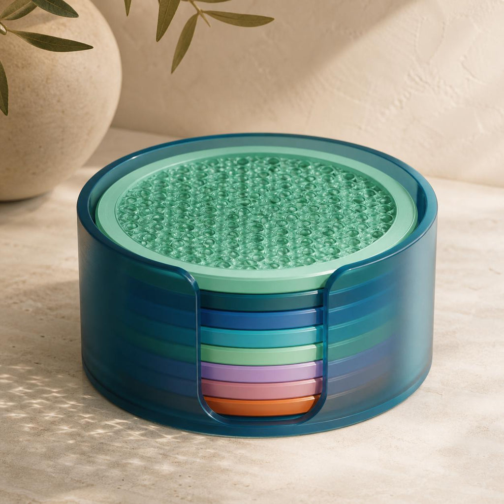 Close-up of the Rippleglass Ocean Prism coaster set stored in its deep teal holder