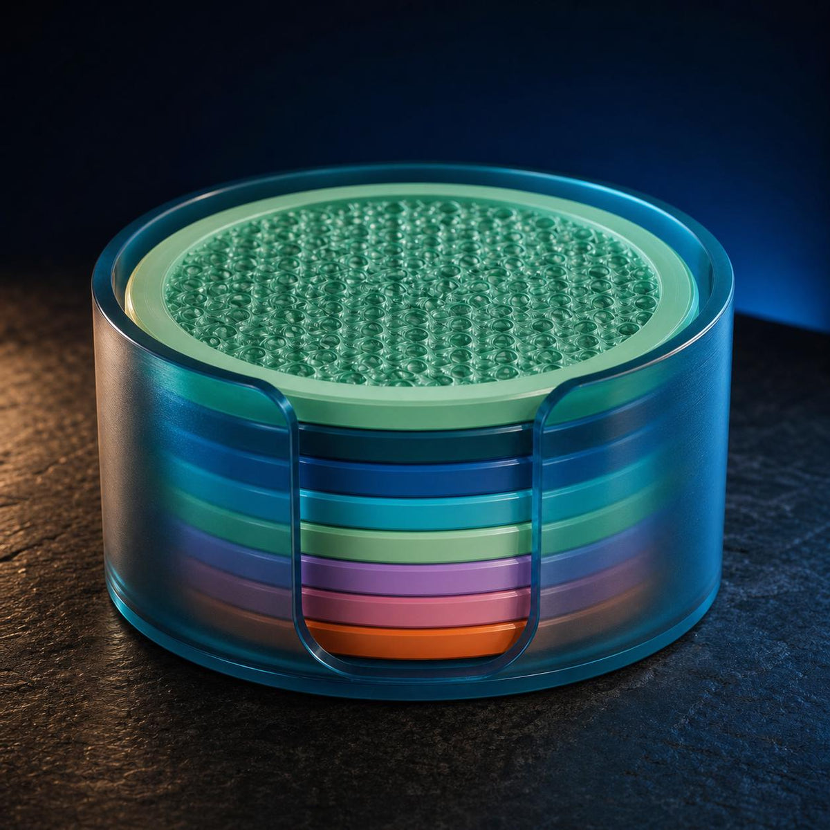 Rippleglass translucent coaster set illuminated in a moody evening setting