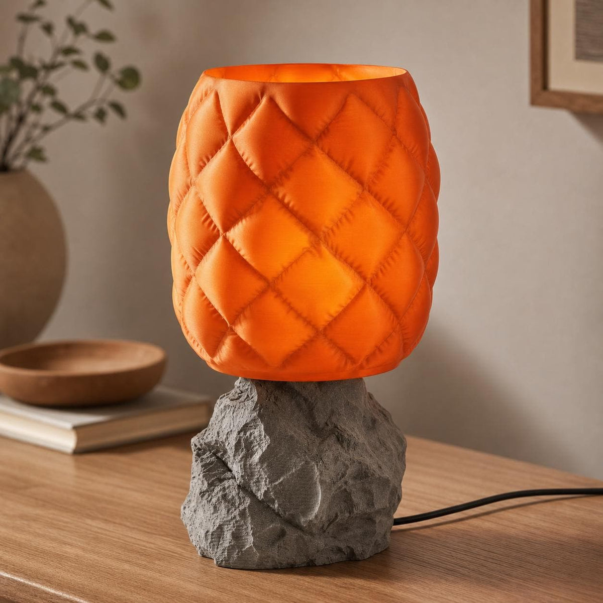 CloudCrag quilted accent lamp with Pumpkin Orange shade, Gray rock pedestal, and Wired USB LED