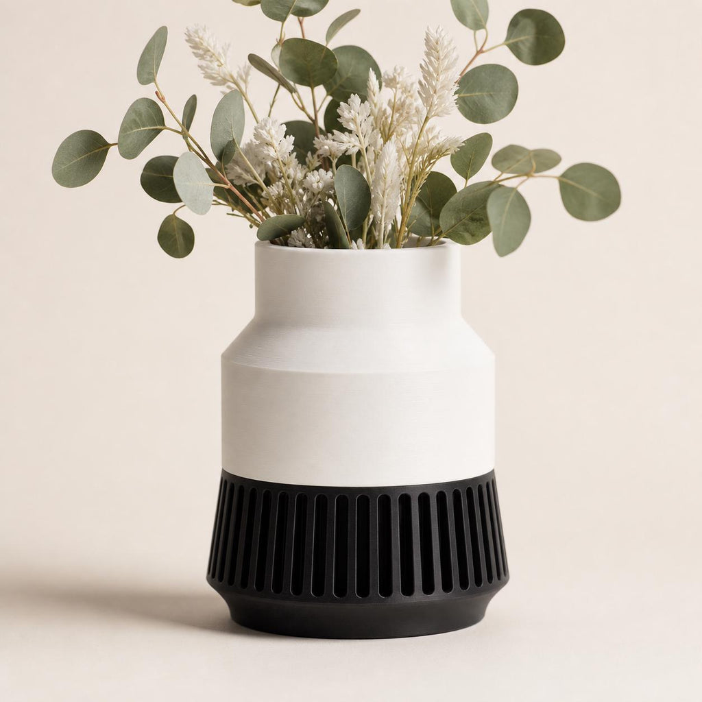 Close-up of the Tall StrataRise sculptural vase in the White and Black Modern Neutral colorway