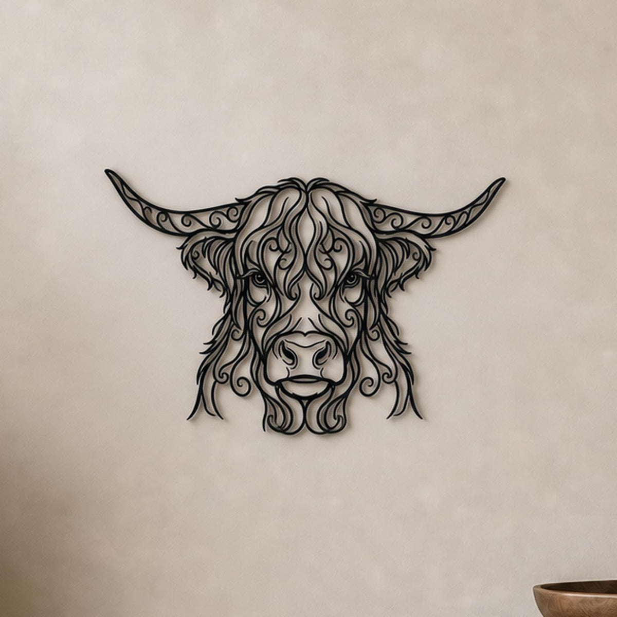 Close-up of Highland Cow filigree wall art in black at accurate 12-inch scale