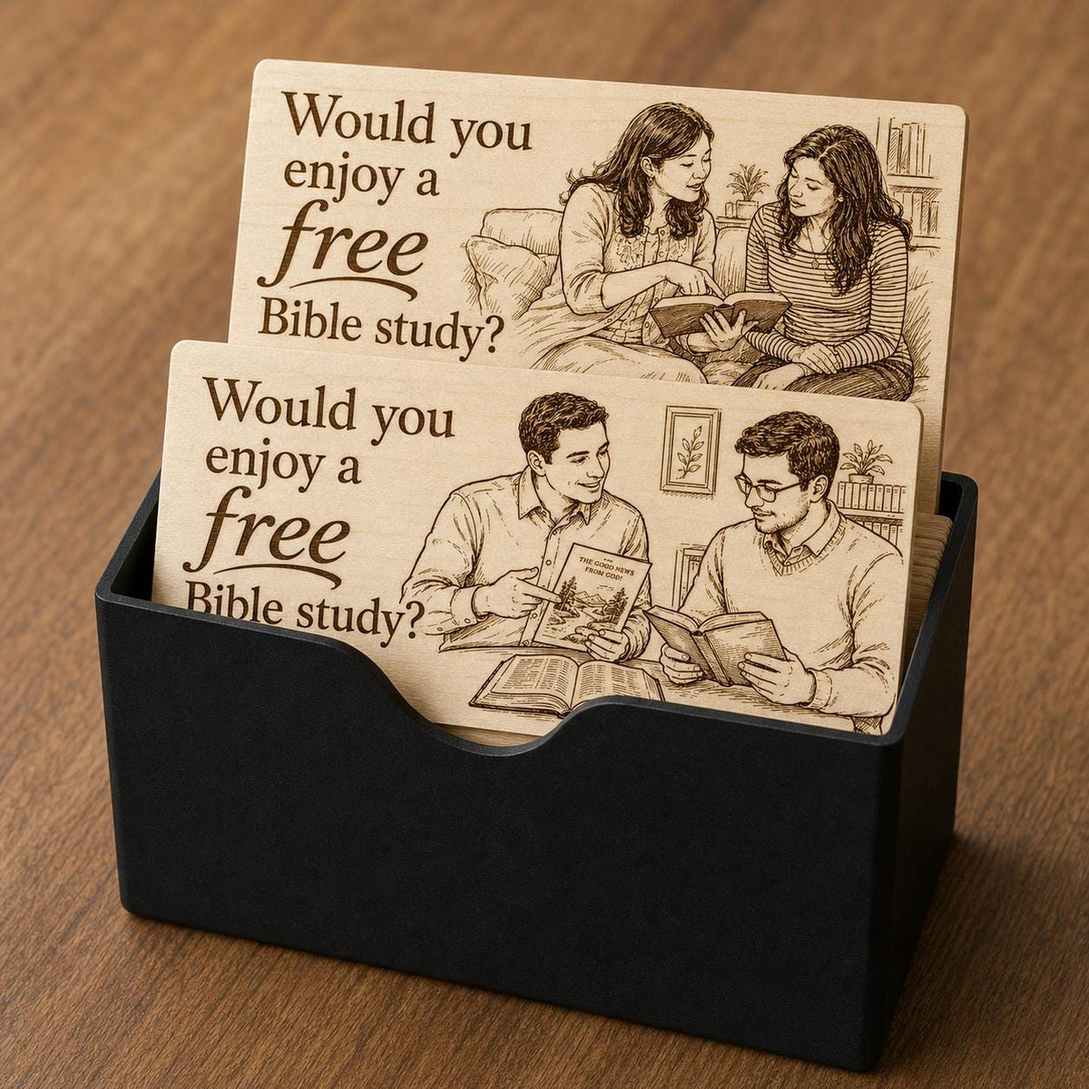 Open Page Bible Study Contact Cards displayed close up in a matte black notched card case.