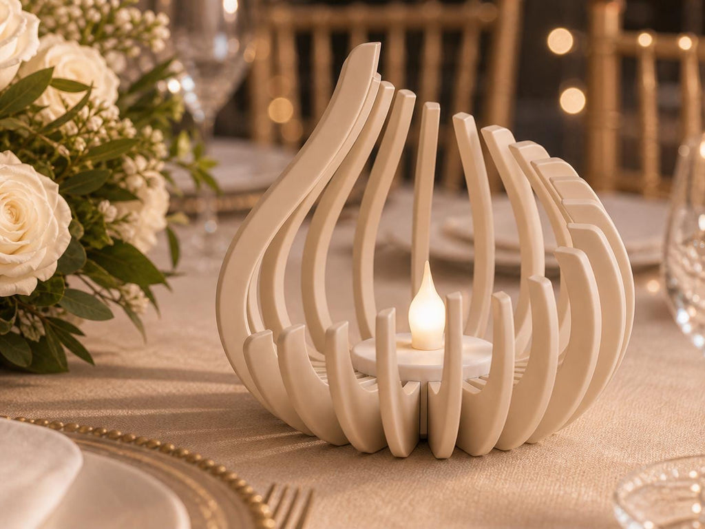 Beige FlareNest flameless centerpiece on a romantic sweetheart table