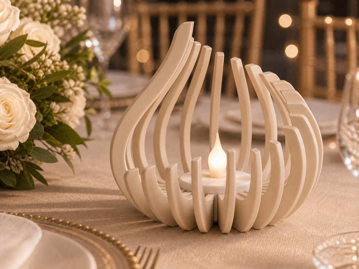 Beige FlareNest flameless centerpiece on a romantic sweetheart table