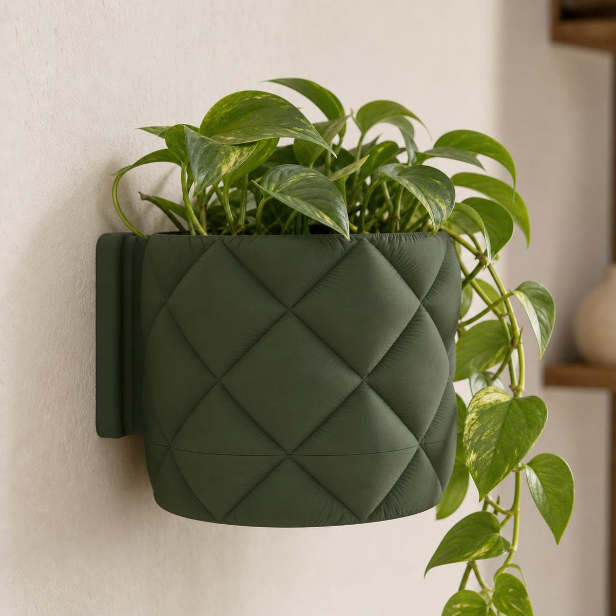 Close-up three-quarter view of a wall-mounted QuiltHaven planter with trailing pothos