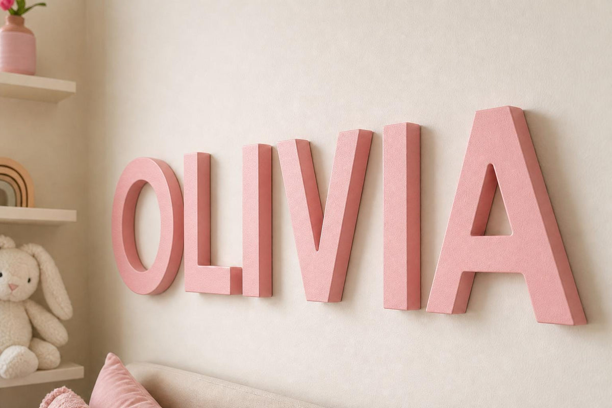 NamePop Raised Letter Set spelling Olivia in pink on a child's bedroom wall, shown close up from an angle.