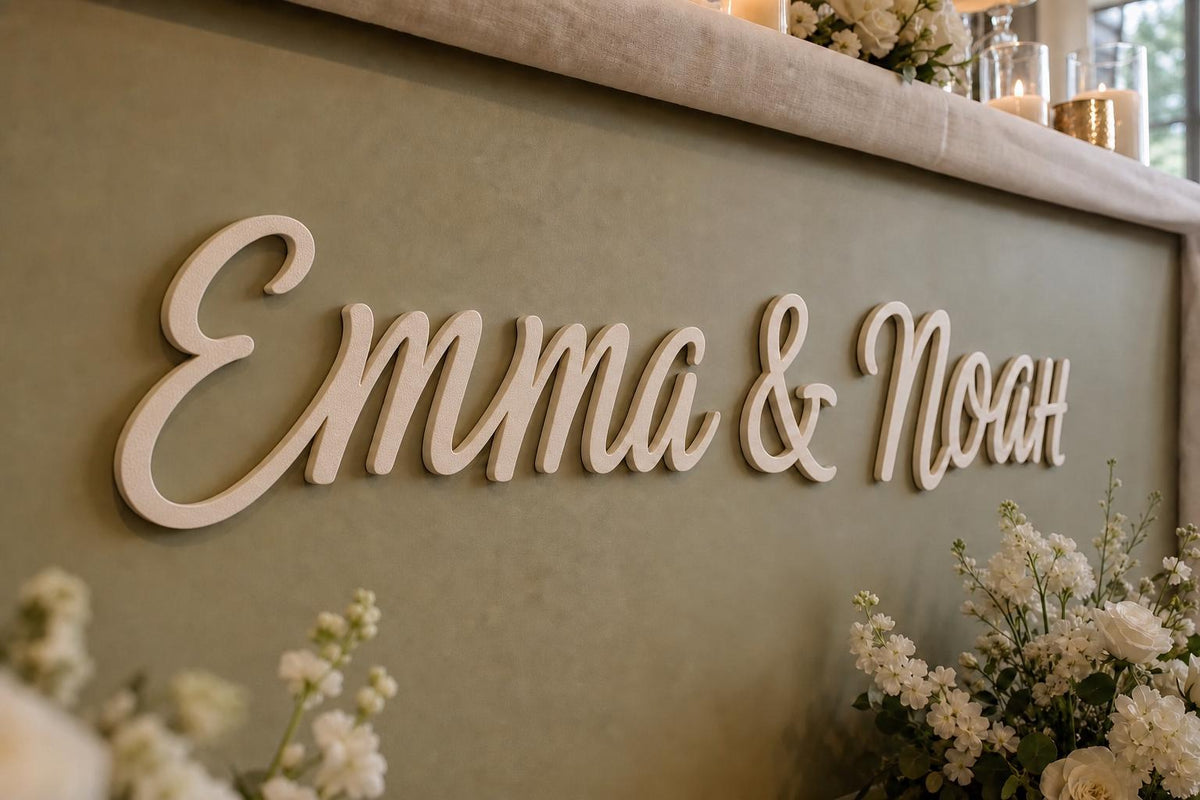 Vowline Raised Letter Set spelling Emma and Noah behind a sweetheart table, with dimensional sidewalls visible.